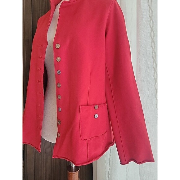 White Lotus Jersey Stretch Blazer Rolled Hem Pockets Wood Metal Buttons Small - Picture 5 of 14